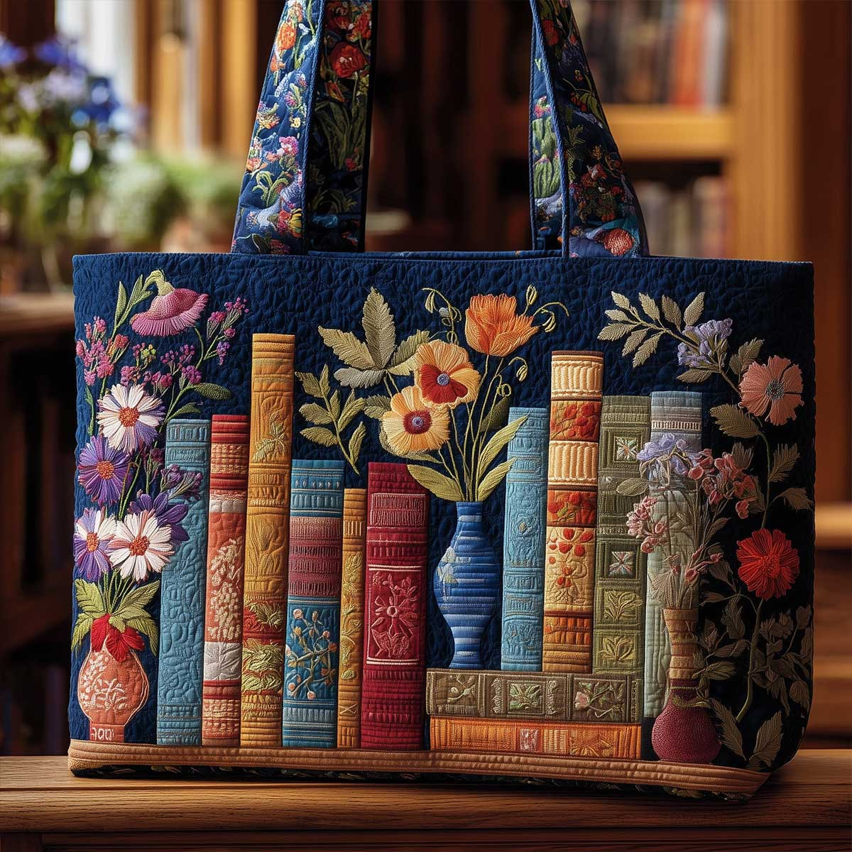 Image of 17 X 15 Inch Vintage Flower Book Quilted Tote Bag Bohemian Wild Flower Artistic Bookworm Large Capacity Bag Style Women Commuter Shopping Portable Gift Bag