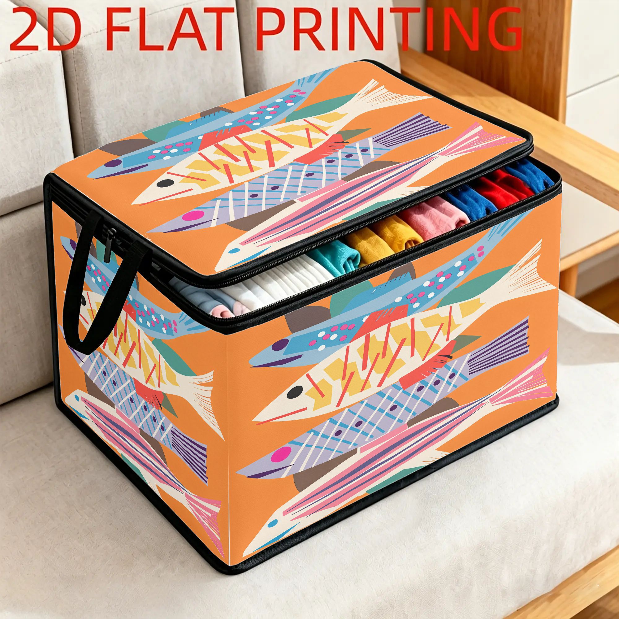 1pc   fish theme foldable storage box large capacity organizer with zipper lid space saving bin for bedroom and household storage