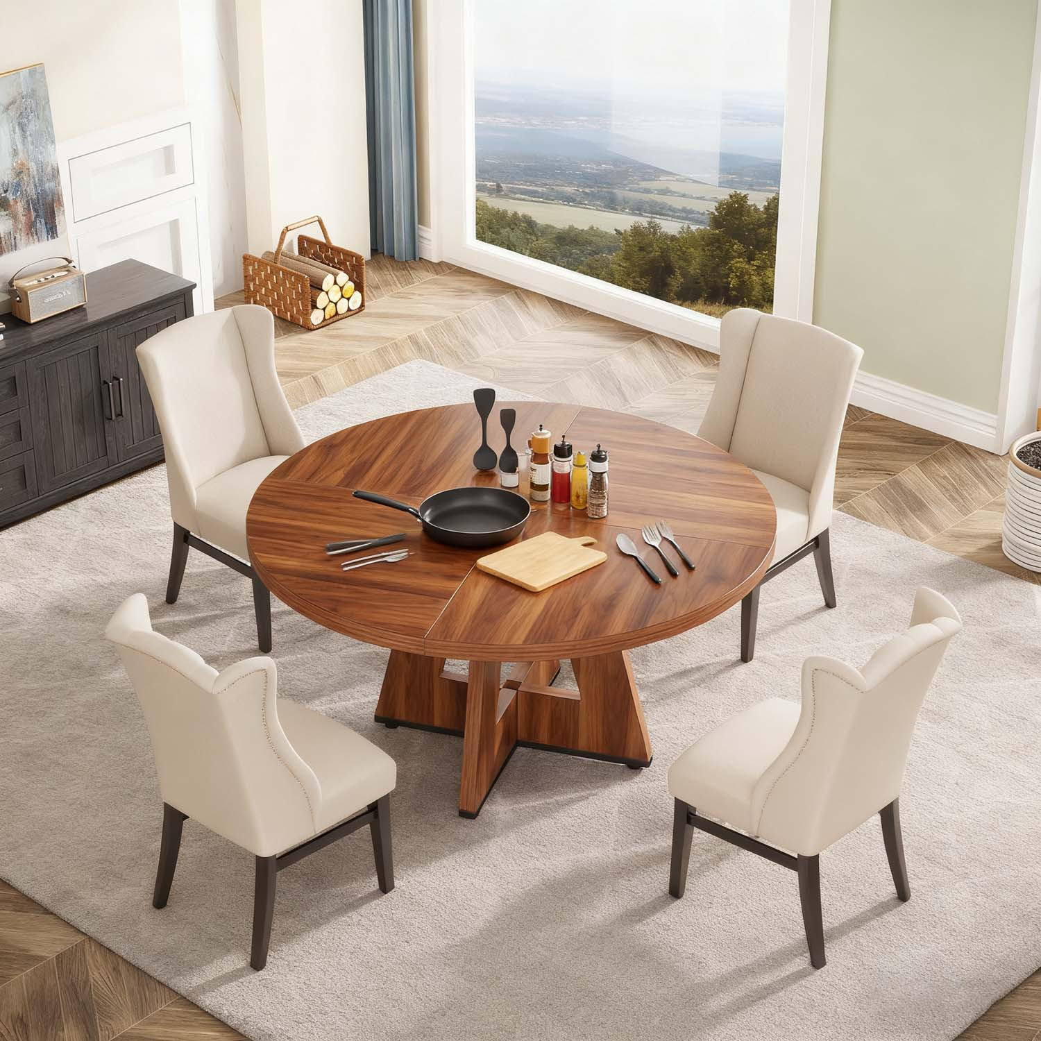 Image of Round Dining Table, 47 Inch Farmhouse Kitchen Table For 4, Large Dinner Table Wood Kitchen Dinning Table For Dining Room Kitchen, Living Room (chairs Not Included)