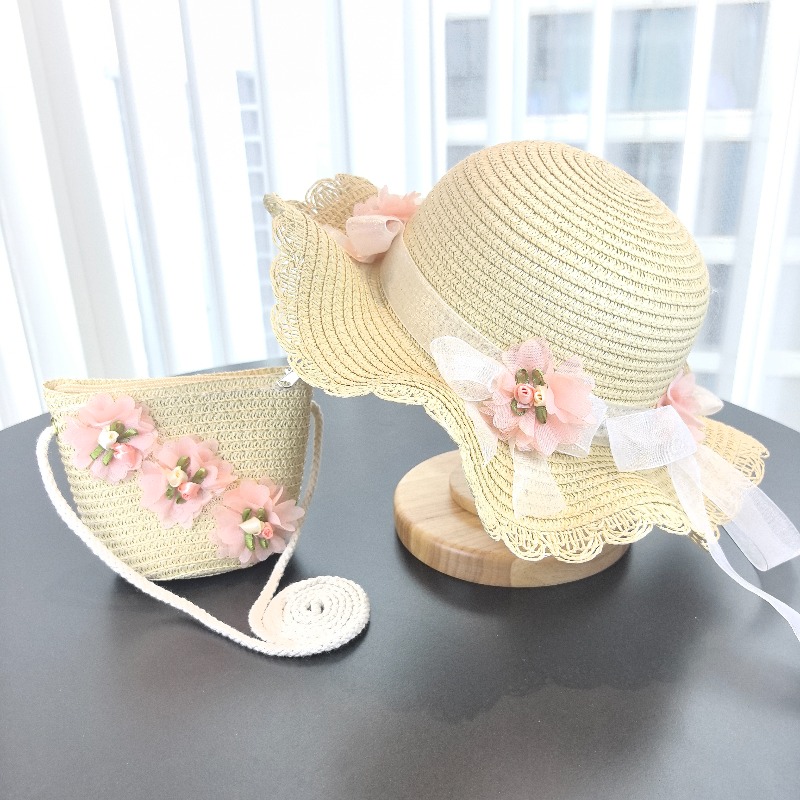 E-shop Mädchen 2-tlg. Strohhut einfarbig Outdoor-Reise-Sonnenhut floraler Fischerhut-Stil Kindermode-Accessoire für Mädchen