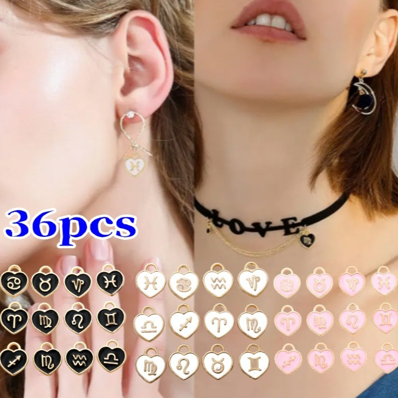 TEMU A Collection Of 36 Stylish Heart-shaped Enamel Pendants Featuring Zodiac Signs, Suitable For Necklaces, Bracelets, Earrings, And Other Jewelry