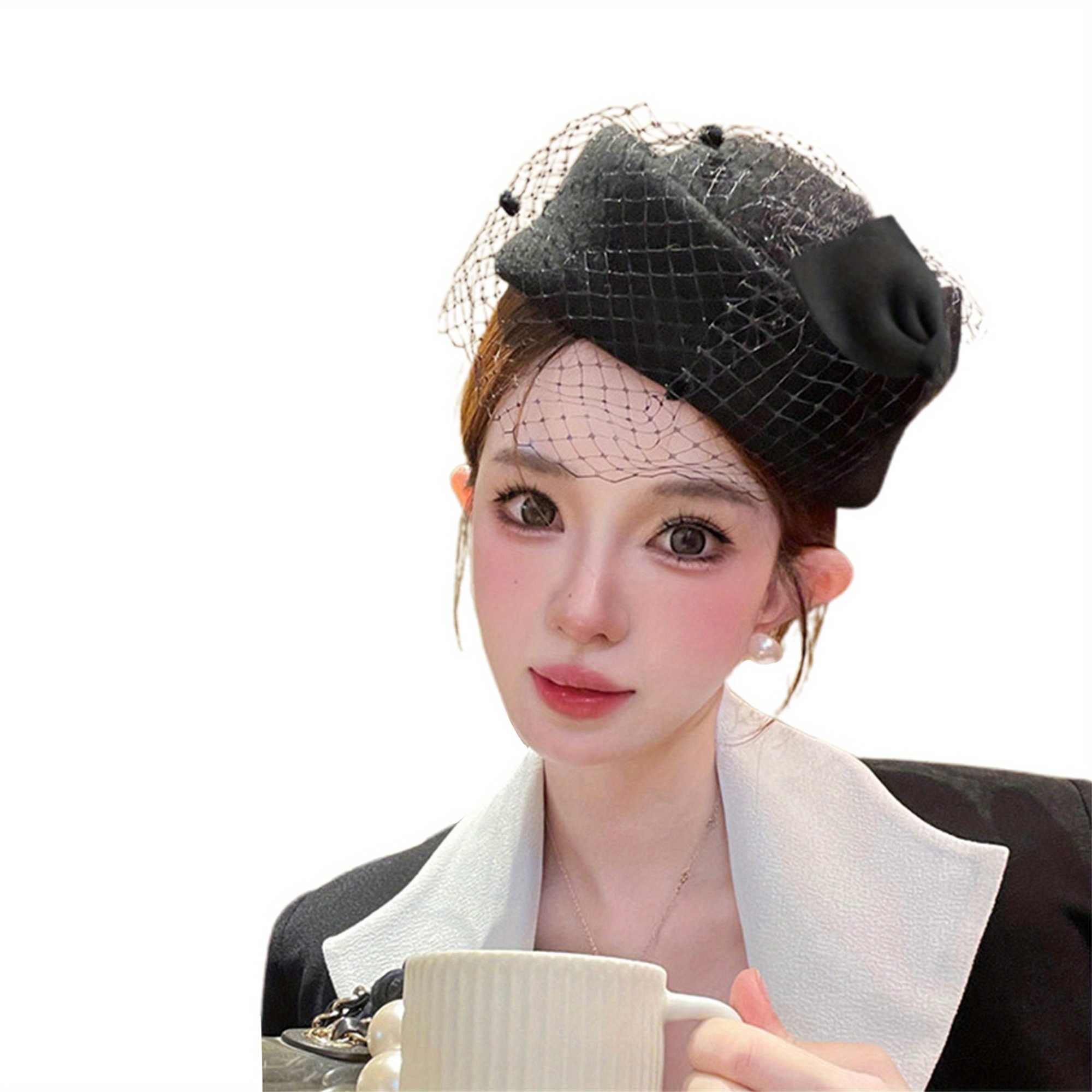 elegant womens beret hat veil pearl embellishments cream - Temu display picture 1