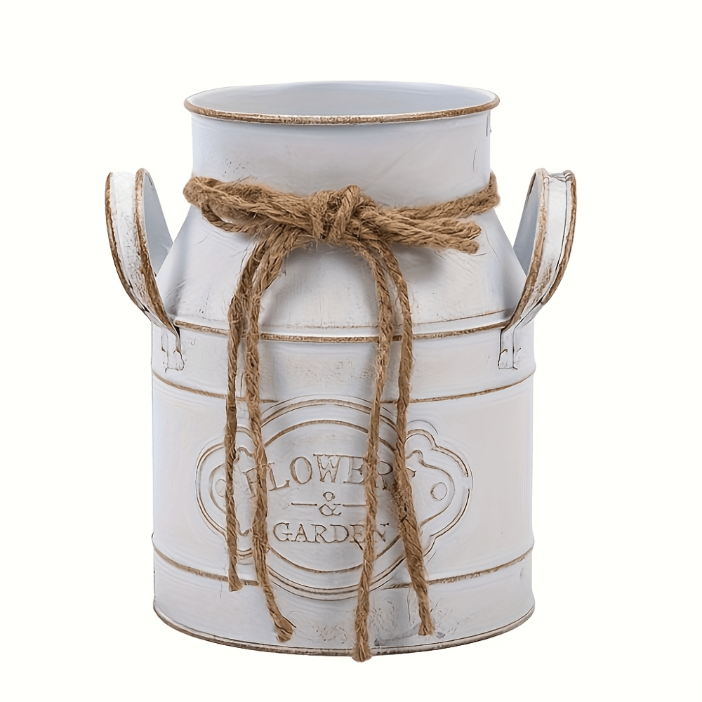 TEMU 1pc Vintage Metal Vase | 6inch Flower Vase With "flowers & Garden" Design, Rustic , Twine Bow Accent, Perfect For Home, Living Room, Or Office