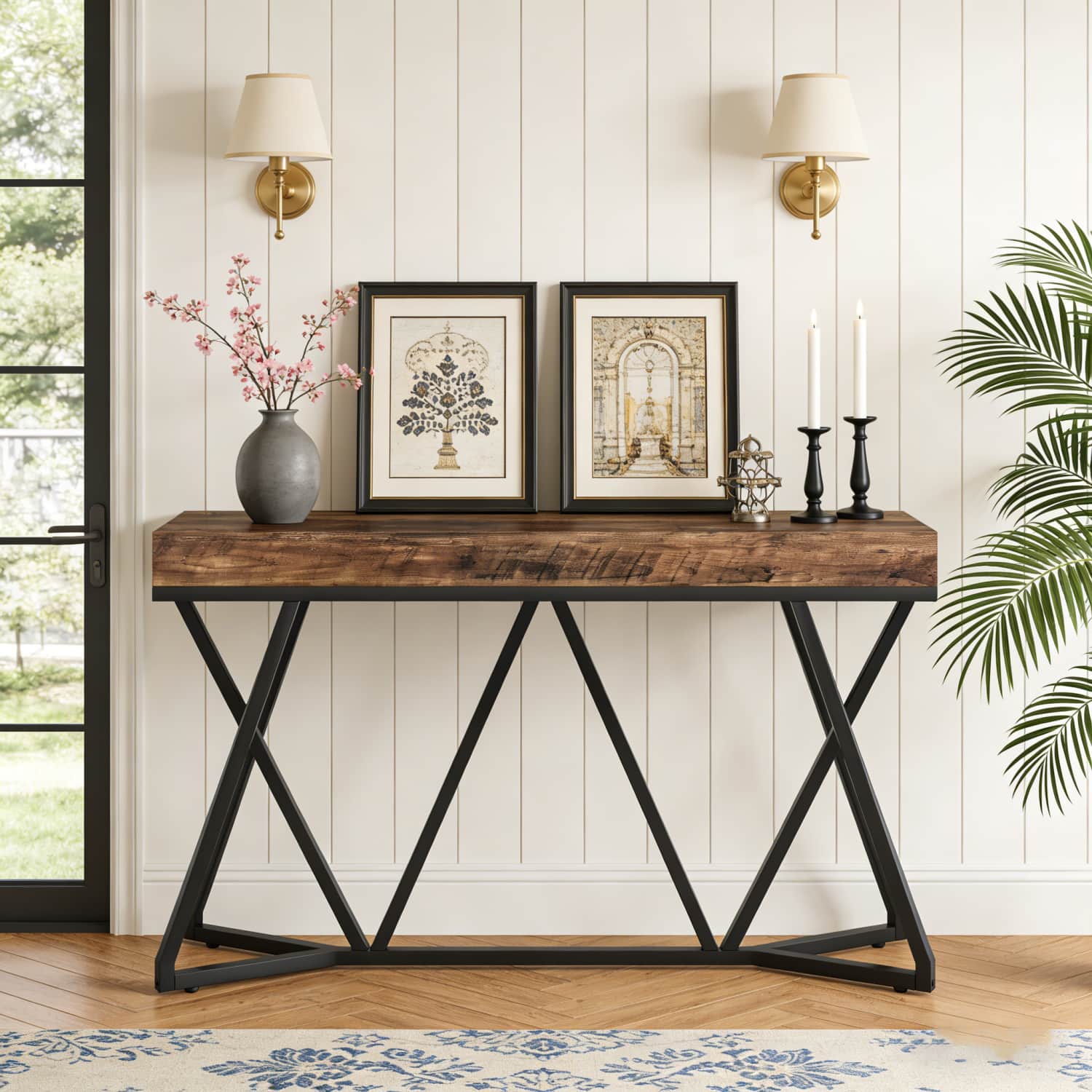 Image of 140cm Farmhouse Wood Console Table, Industrial Sofa Side Table With Unique Metal Base, Multifunctional Entryway Foyer Hallway Table, Small Exhibition Display Table (brown)