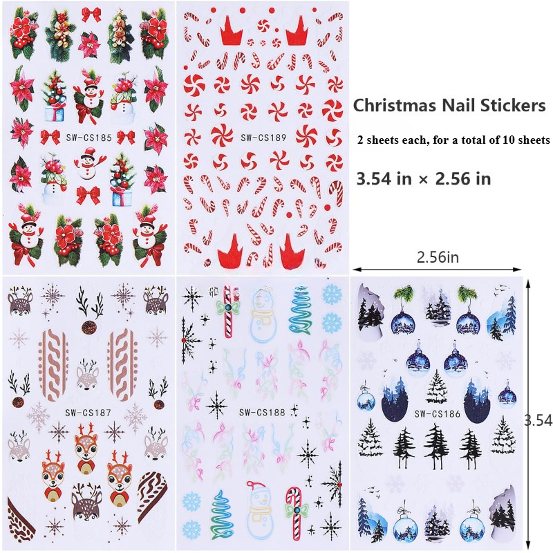 TEMU 10pcs Of Christmas-themed Nail Stickers Featuring Red Flowers, 3d Self-adhesive Designs Including , Candy Canes, Elk, And Trees, Perfect For Winter Nail Art Decorations For Women And