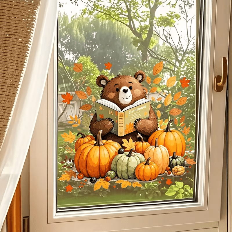 TEMU 2d Flat, 1pc 2d Flat Autumn Reading Bear Static Window Cling, Glue-free Removable & Reusable, Decor For Living Room, Bedroom, Bathroom Windows &