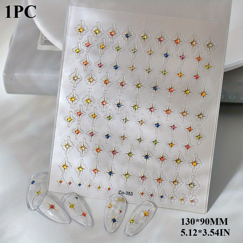 1pc 5d Embossed Golden & Silvery Four-pointed Star Cross Colorful Jelly Nail Stickers, Diy Creative Nail Decals