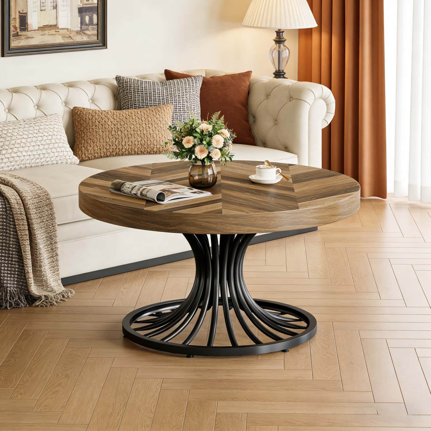 Round Wooden Coffee Table, 79cm Farmhouse Style Table, Stylish Metal Table For Living Room, Rustic Brown And Black