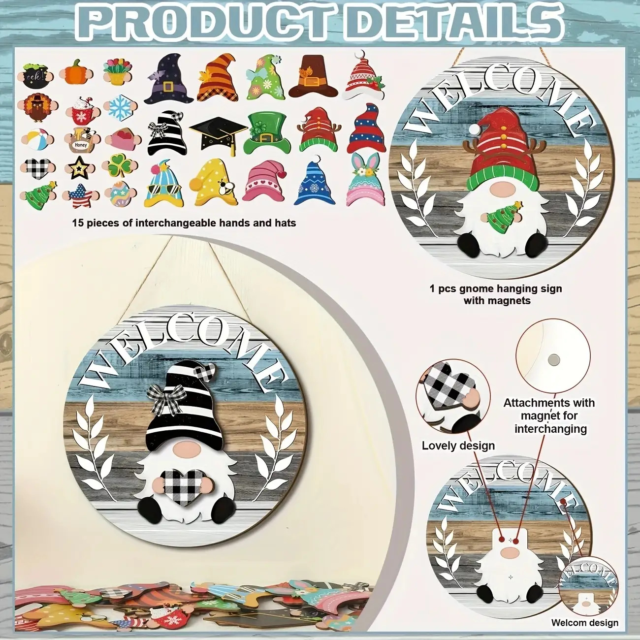 Interchangeable Wooden Gnome Decorations With And Removable Hat, Replacement Welcome Signs, For Festive Seasonal Home Decor, Christmas Halloween