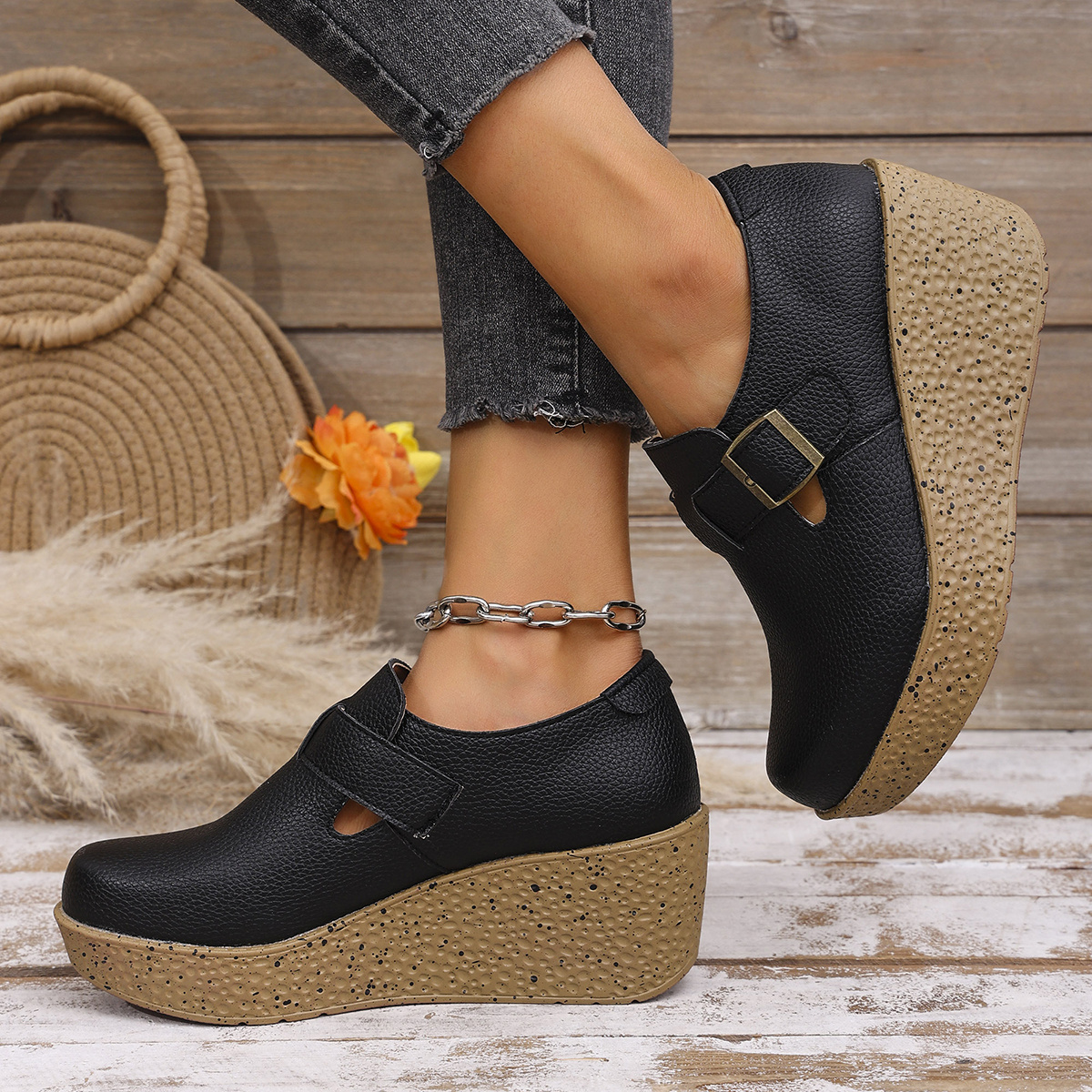 Tacon Ancho Plataformas Cerradas Negras Sandalia Negra Mujer