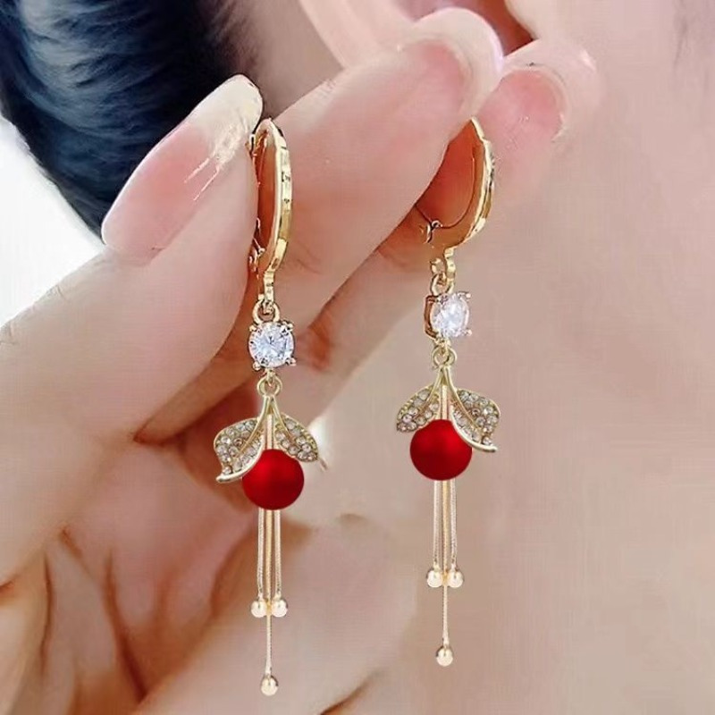 TEMU A Pair Of High-end Design Styles, Long Tassel Earrings With Beads And Leaf Earrings, Elegant Earrings, Women's Jewelry, , Commuting, And - Ideal