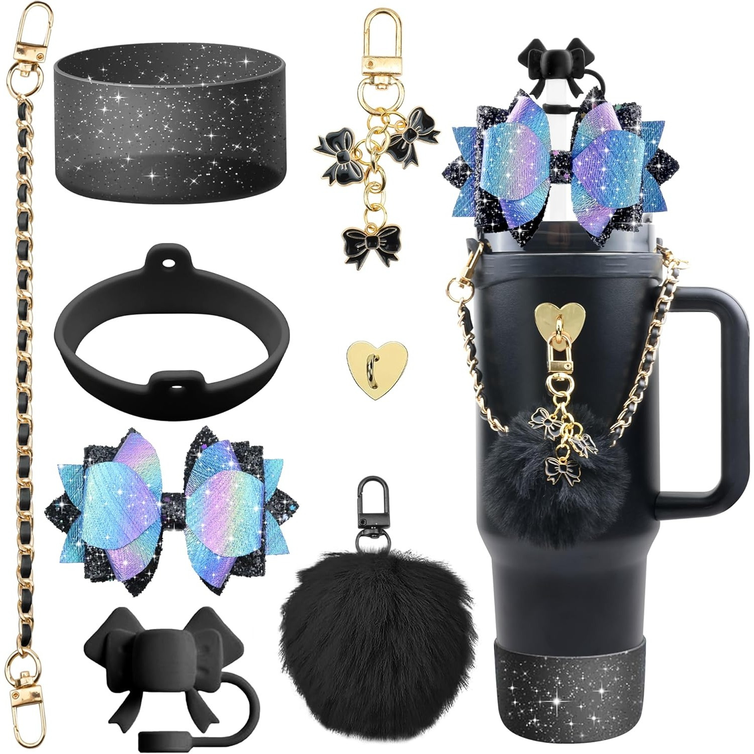 

8pcs Bling Brand Cup Accessories For 40oz & 30oz Including Silicone Cute Bow Straw Topper Cover, Silicone Brand Cup Boot, Water Bottle Handle Strap, Cups Charms(black)