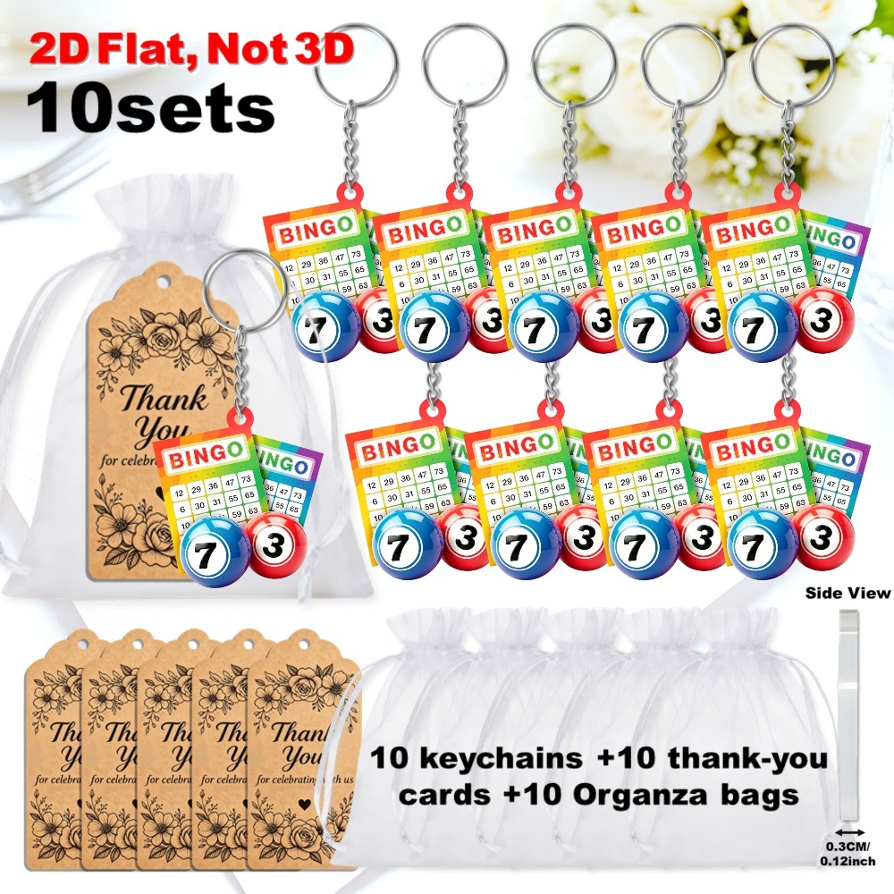 TEMU Lot de 10 porte-clés sur le thème du bingo, design plat 2D, cartes de bingo multicolores et breloques sphériques en acrylique, inclut des