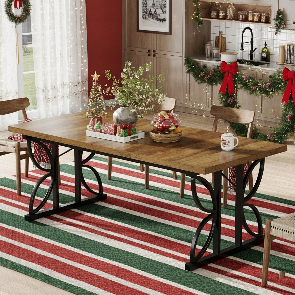 71 Inch Farmhouse Rectangular Dining Table With Metal Frame, Eating Desk For 6 People, For Christmas Family Gatherings, (only Table)(1pc)