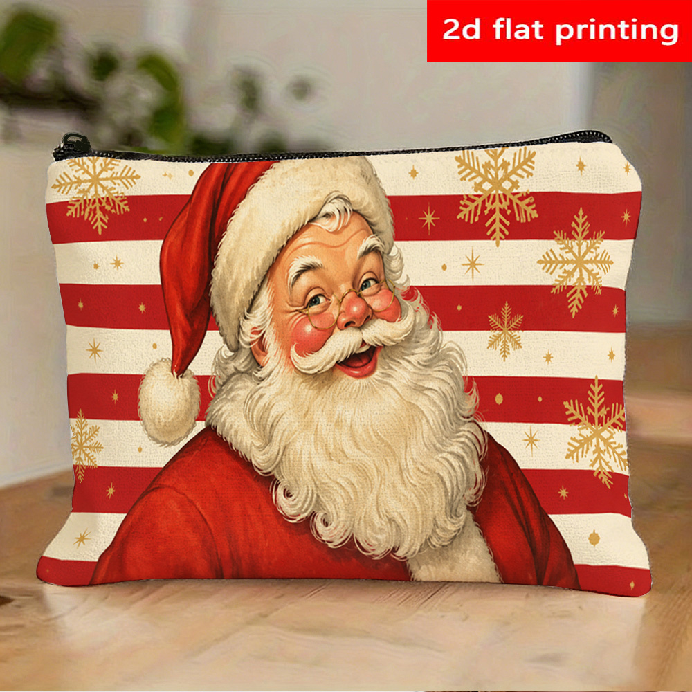 TEMU 2d Flat Printing, Christmas Santa Red And White Striped Background Double-sided Printed Toiletry Bag, Wallet, Storage Bag, Suitable For Men And
