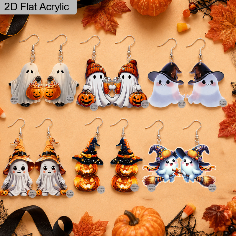 TEMU 2d Flat, 6 Pairs Spooky Cute Acrylic Earring Set, Halloween Trick-or-treat Outfit Gift Pack For Women/men, Fashionable & Lightweight Jewelry,