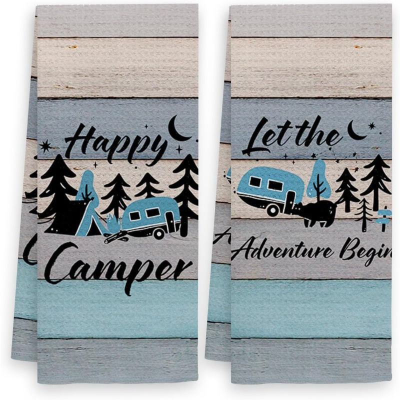 

2pcs Camping Themed Kitchen Towels, 18x26 Inch, Polyester Scouring Pads, Decorative Dish Towels For Rv, Camper Hand Towels, Gift Set