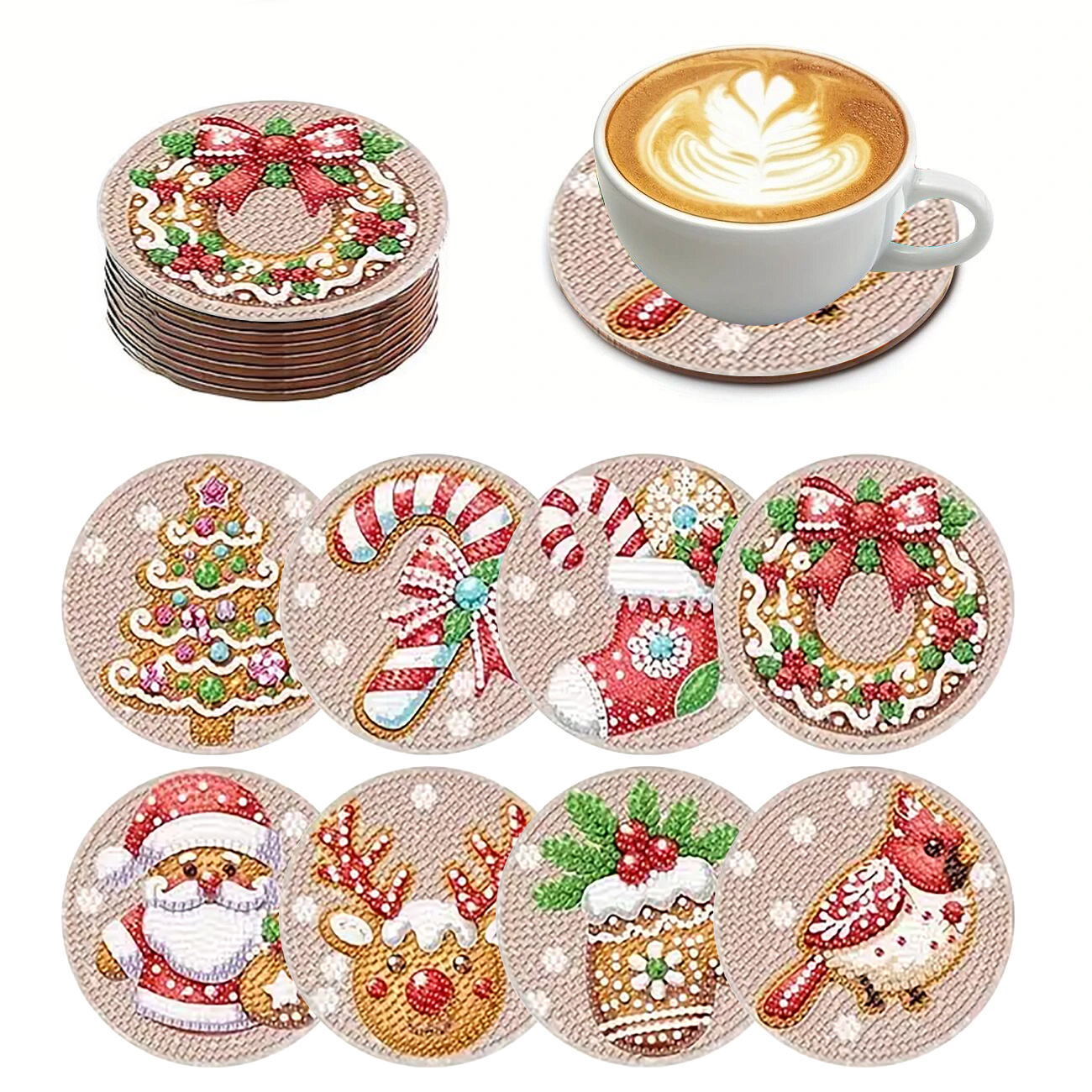 TEMU 8pcs 8pcs Christmas Gingerbread Diamond Painting Coasters Suitable For Beginners & Adults, Diy Round Wood Coaster Kit With Gingerbread Designs,