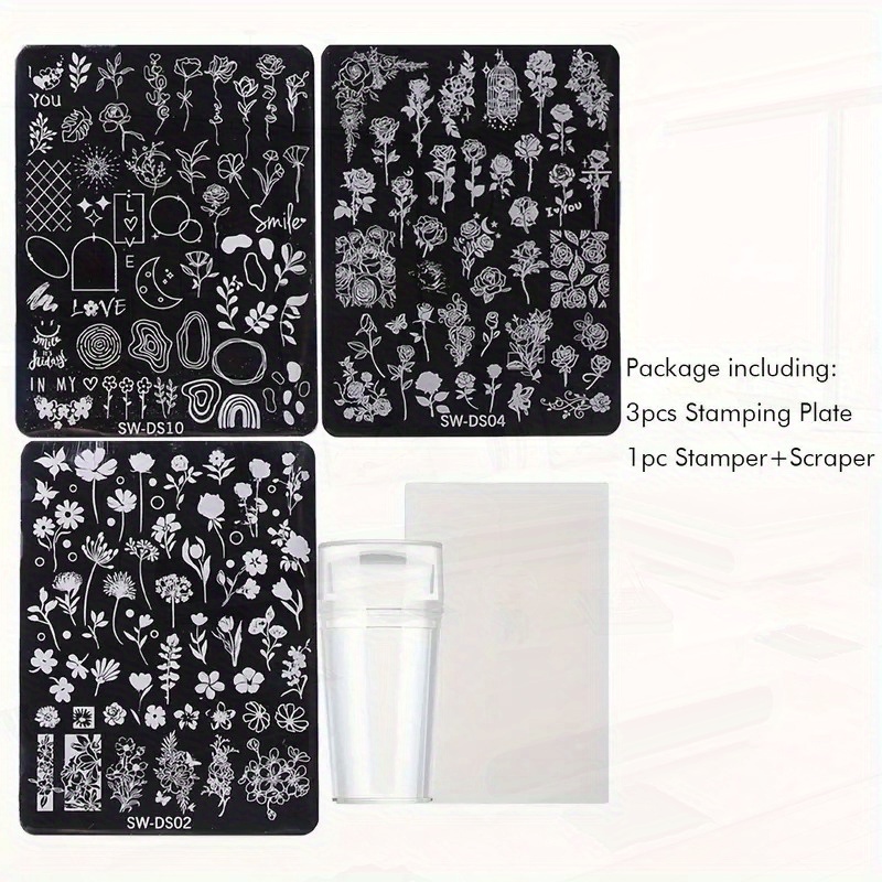 TEMU 3pcs Rose Flower Stainless Nail Plate With Stamper Set Spring Flower Leaves Plant Y2k Moon Patterns Nail Printing Stainless Steel Stencil