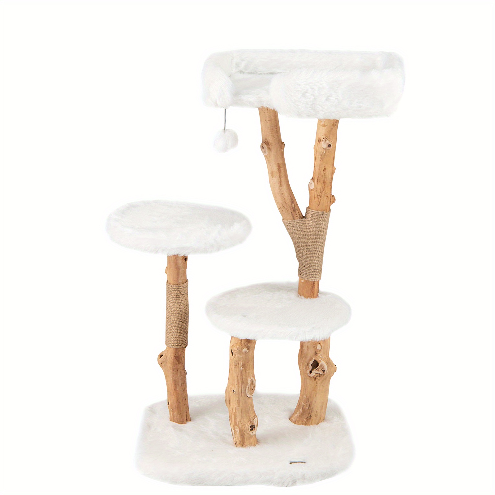 A Luxurious 44-inch Tall Cat Condo Made Of Solid Wood, Featuring A With A Perch, Natural Jute Scratching Posts, A Dangling Ball, And Soft Long Plush