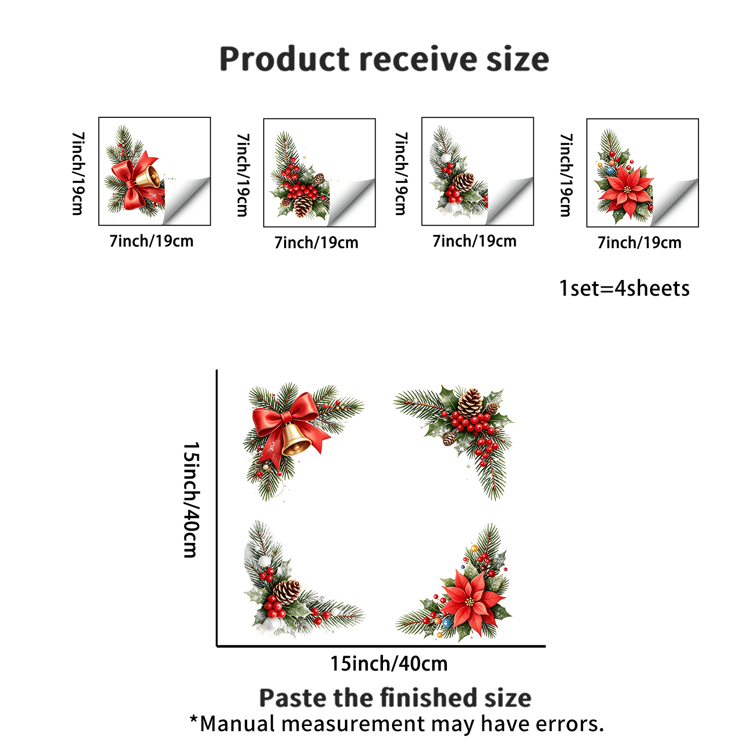 TEMU 4 piezas de adhesivos electroestáticos florales navideños para esquina de ventana, con de campana, , rama de pino y , calcomanías de PVC