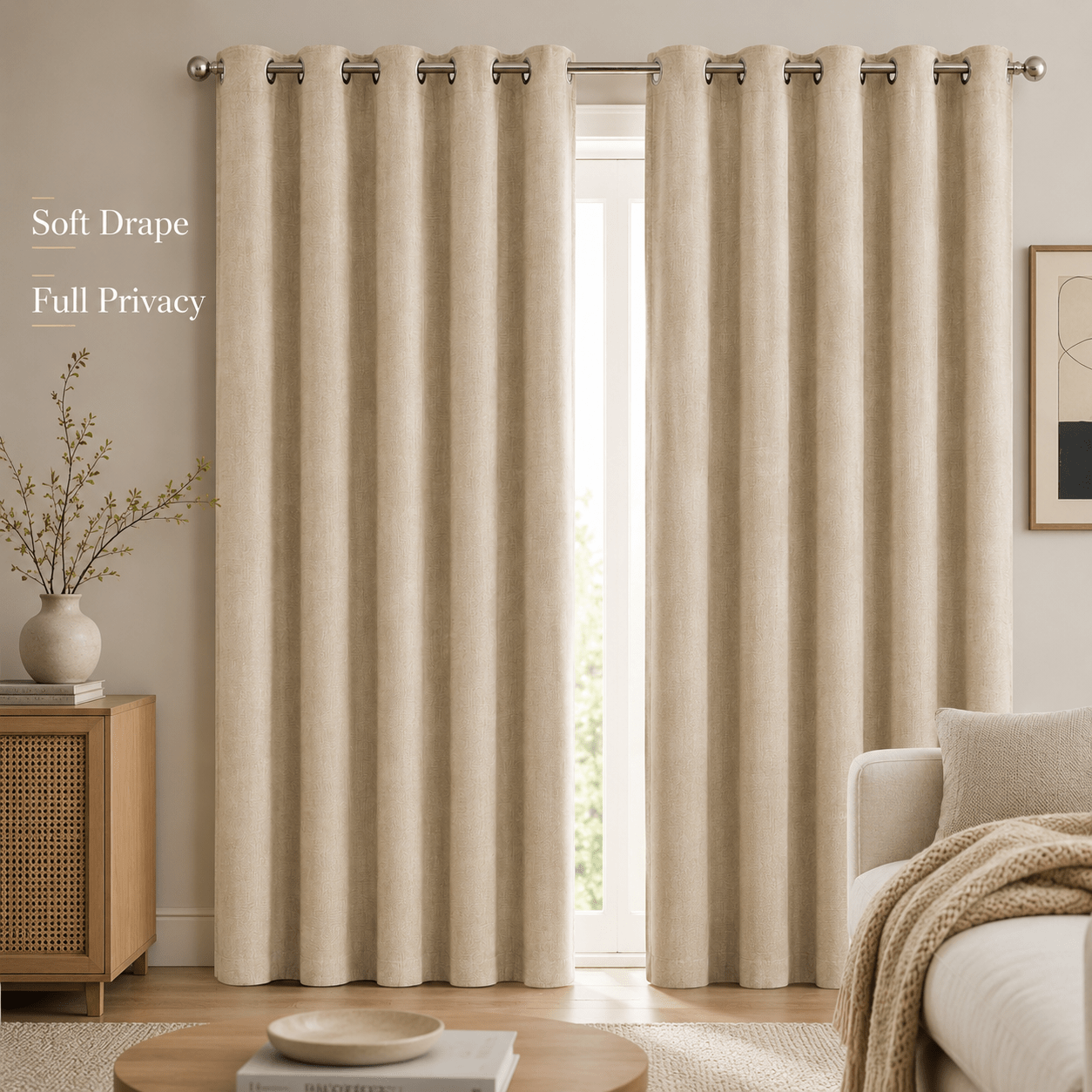 TEMU 2pcs Beige Blackout Curtains, Grommet Top Light Blocking Thermal Insulated Drapes, Textured Privacy Window Panels For Bedroom Living Room Patio