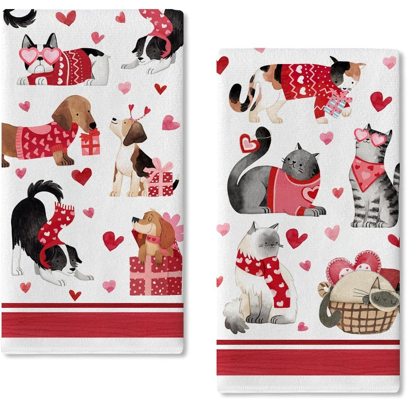 

2 Set 18 Inch *26 Inch Valentine's Day Gift Towel Valentine's Day Kitchen Dish Towels, Golden Retriever Puppy Kitty Hand Towels Drying Baking Cooking Cloth, Heart Anniversary Wedding Gift Home