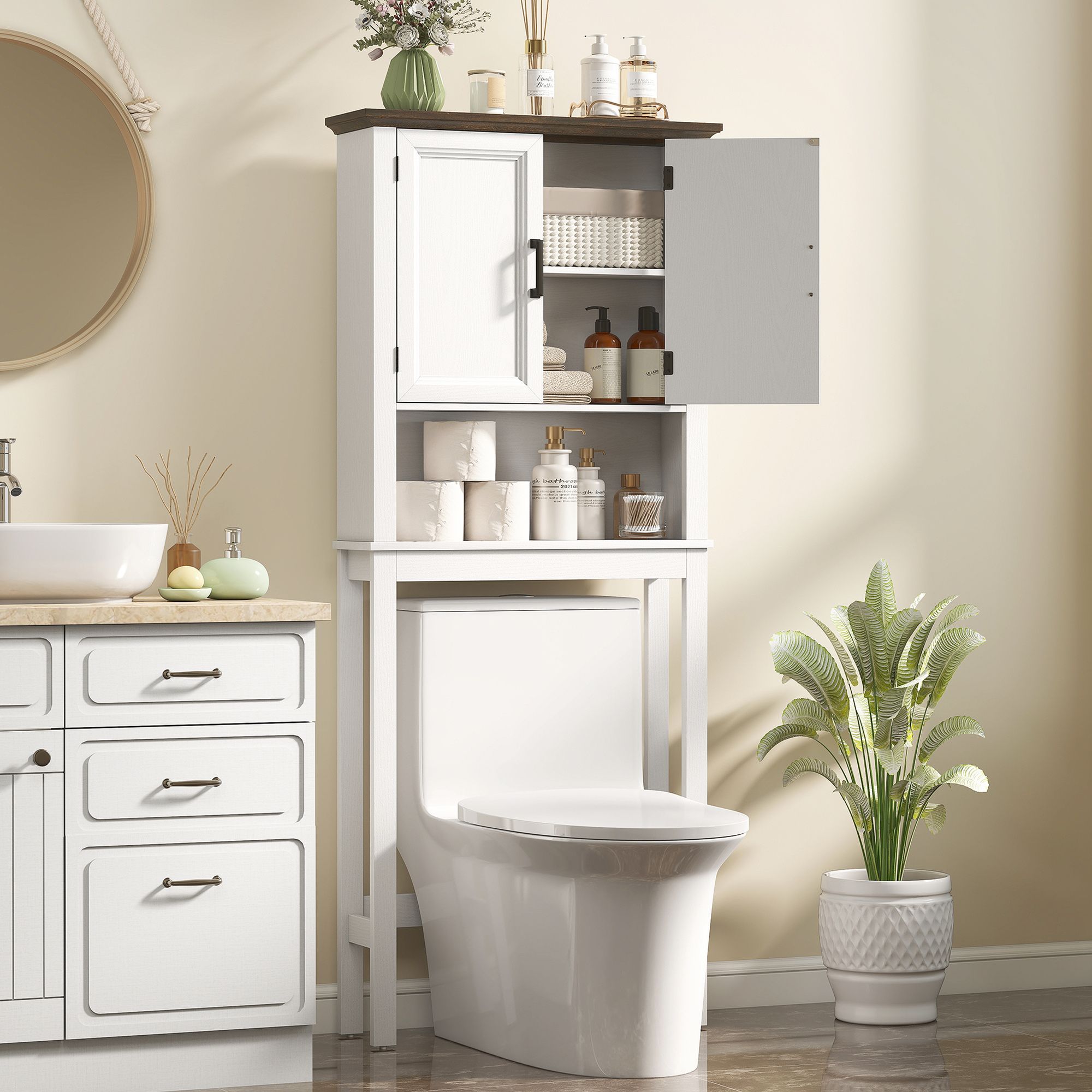 TEMU HOMCOM Meuble de Rangement Suspendu pour Toilettes | Style Ferme Blanc avec Barre Inférieure Réglable, 3 Étagères, Montage au Sol, Construction