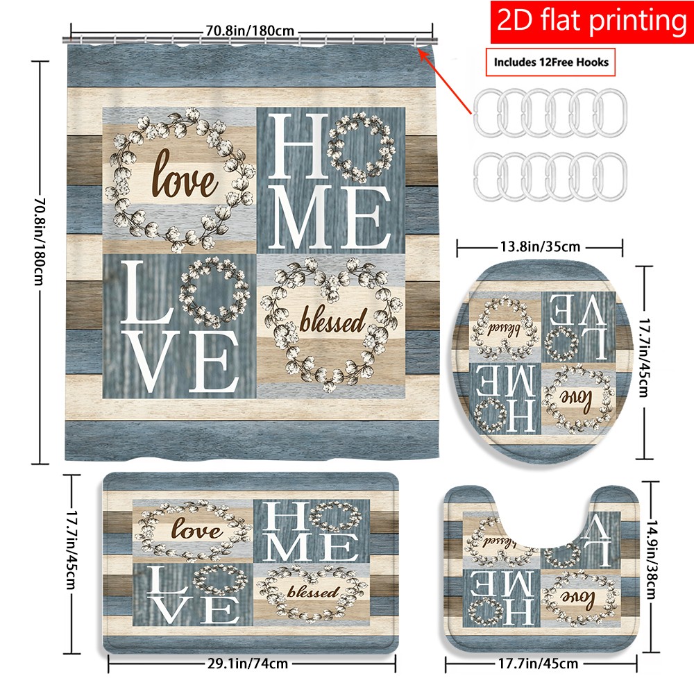 TEMU 2d Flat, 2d Flat, Set Of 4pcs Featuring A 2d Printed Love Wreath Design For A Decorative Shower Curtain, Ideal For Modern And Personalized