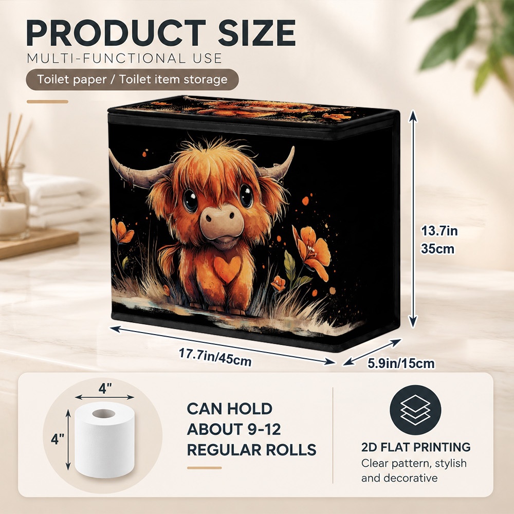 TEMU 1pc Highland Cow Storage Basket With Zippered Lid - Collapsible Furry Cow Design Bathroom Organizer Suitable For Towels, Toilet Paper, Laundry