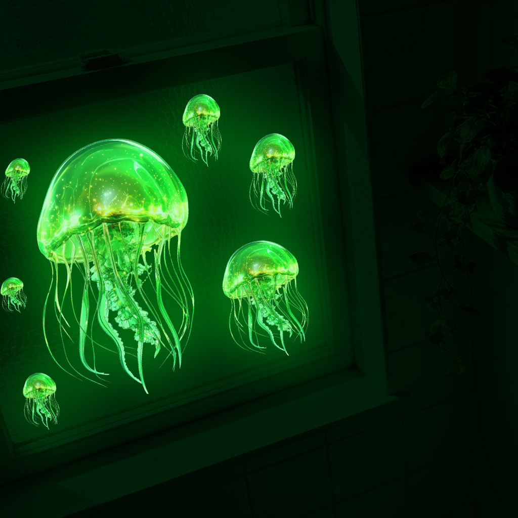 A Set Of 7 Luminous Green Jellyfish -the-dark Decorative Wall Stickers, Removable Vinyl Wall Art, Suitable For Bedroom And Bathroom Decoration, Bedroom Bedside Decoration Stickers