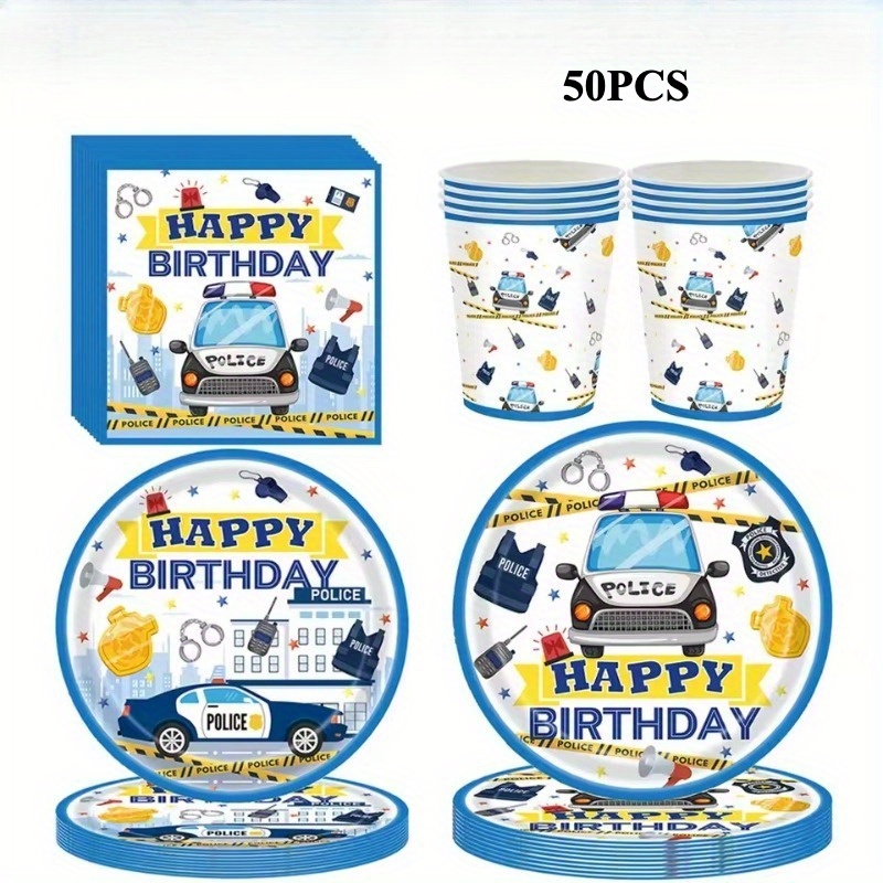 Image of Set Of 50 Police-themed Party Supplies Including Blue And White Disposable Plates, Napkins, And Cups, Perfect For Birthdays, Weddings, Festivals, Gatherings