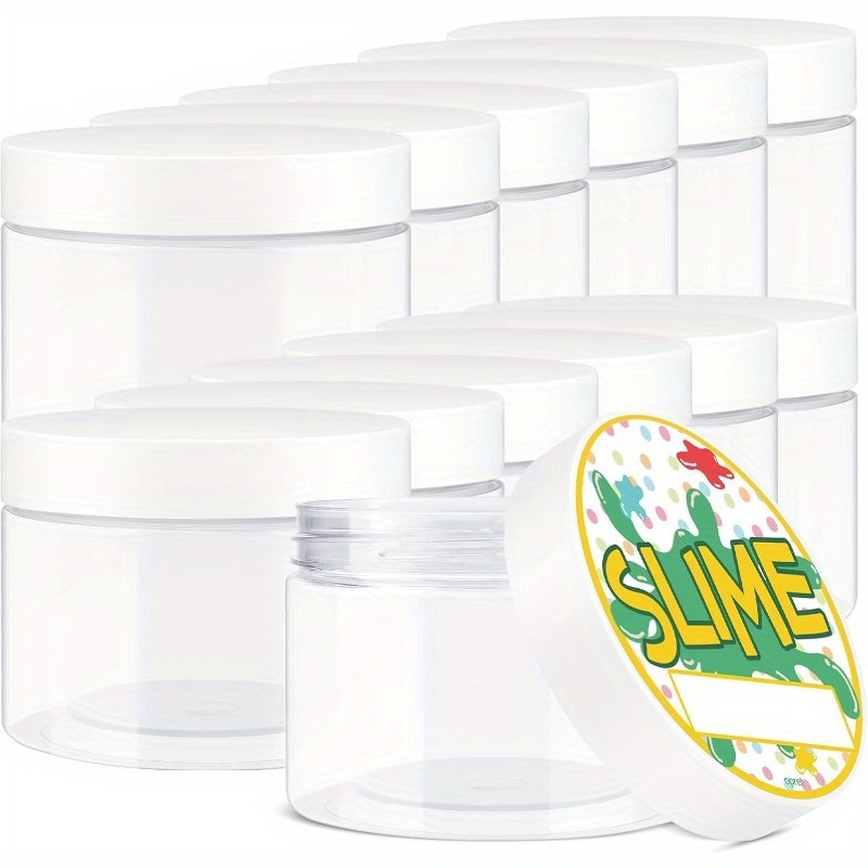 12 Pack 10oz Empty Slime Containers Large Plastic Slime Jars with Lids and Labels Clear Storage Organizers for Slime Making Food and Beauty Products BPA Free