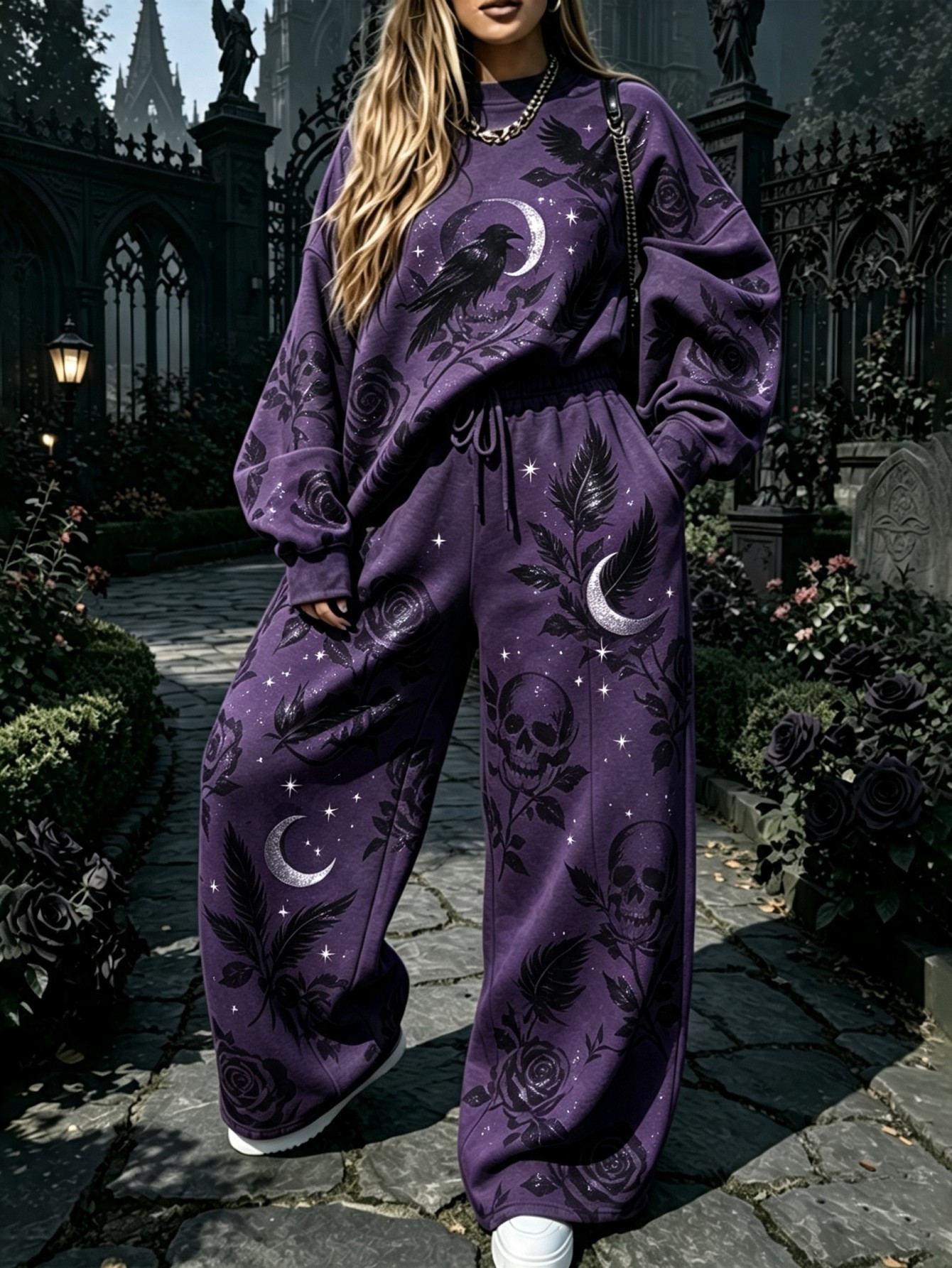 item picture oversized sweatshirt and pants set   a relaxed and stylish look gothic   womens two piece set featuring a round neck sweatshirt and high waisted wide leg athletic pants a must have for spring and summer