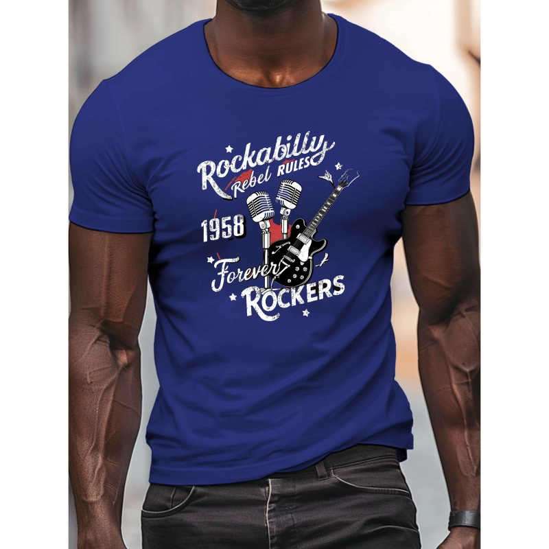 

1958 Rockabilly Rebel Rules Imprimé, T-shirt à col rond à manches courtes pour hommes, un t-shirt décontracté confortable pour l'été.