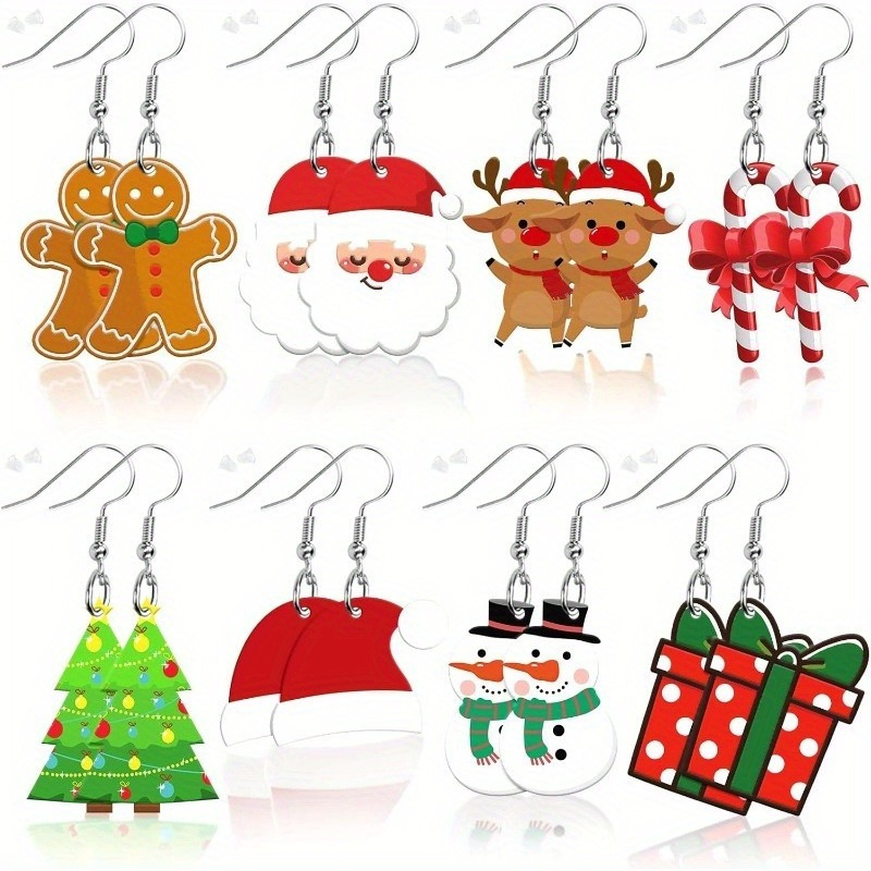 

8 Pairs Christmas Earrings, Cute Cartoon Designs Featuring Christmas Trees, Santa Claus, Christmas Hat, Cats, Dinosaurs, And Cars, Casual Attire And Gift-, Made With Acrylic And Alloy Ear Hooks