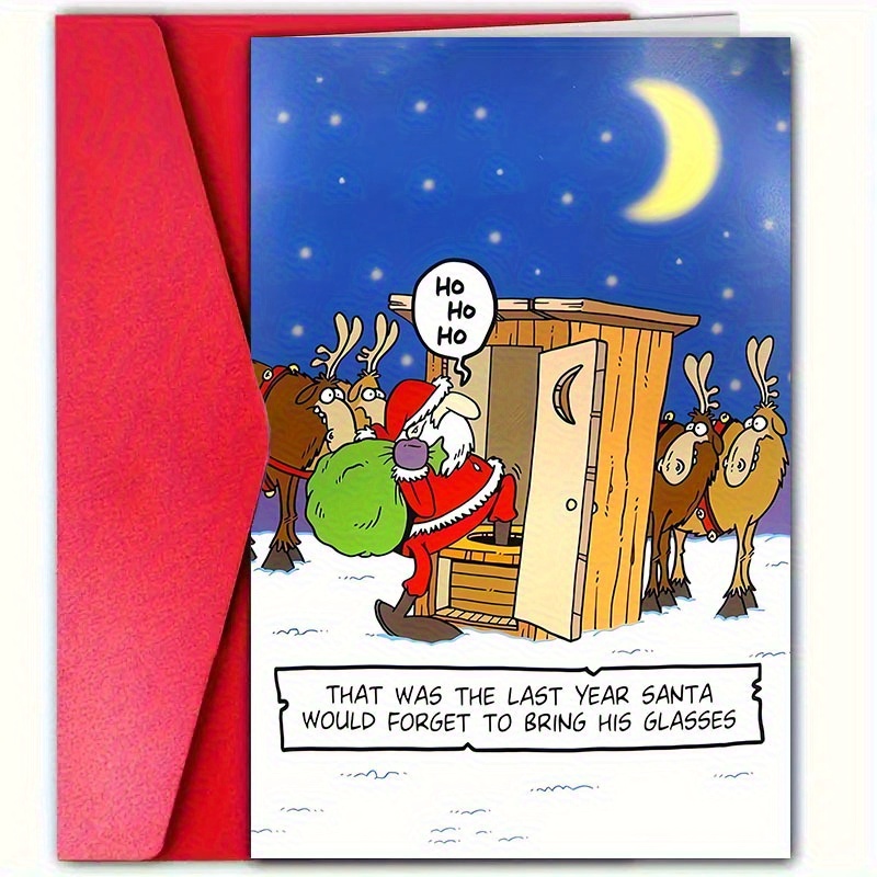 TEMU 1 Greeting Card + 1 Envelope. 2d Flat Fun Santa Claus Forgot His Glasses Christmas Card, With Envelope - Family, , And Ones - "holiday Birthday