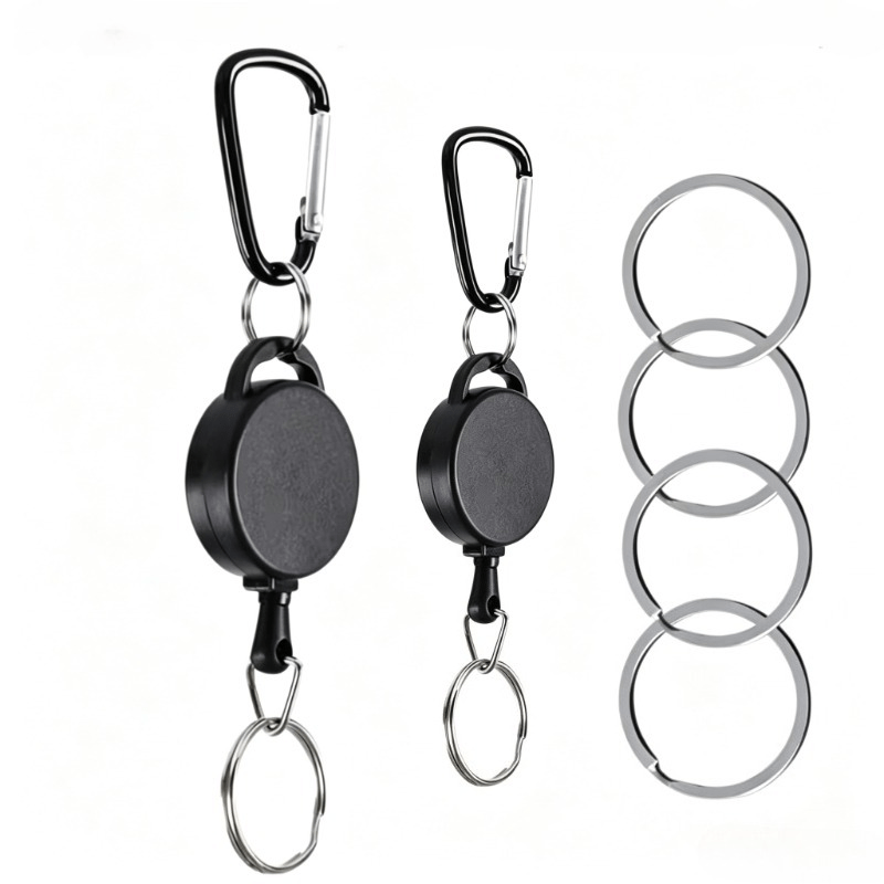 TEMU 6pcs Set: 2 Keychains + 4 Key Rings, Retractable Anti-loss Anti-theft Keychain, Pvc Material Keychain, Matte Black - , Retractable, Portable