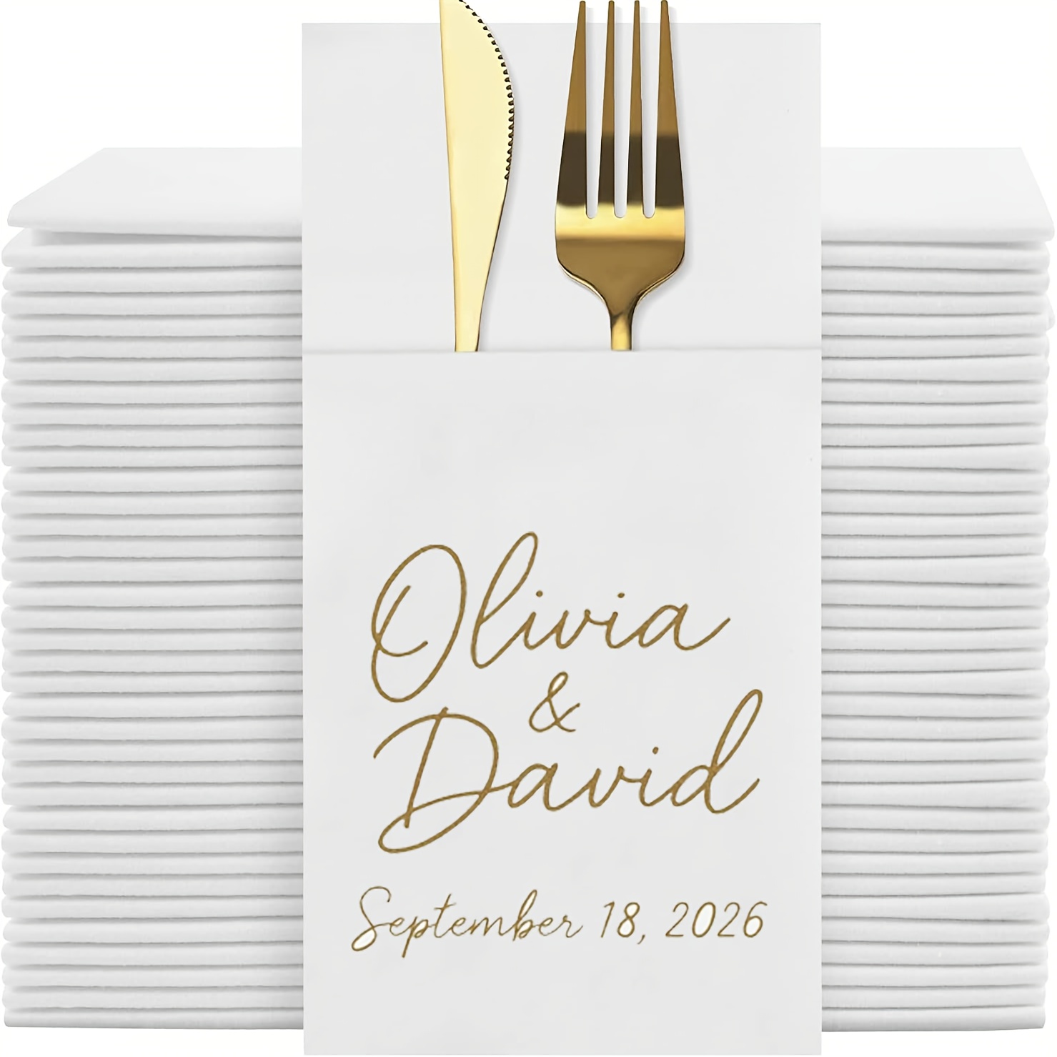 TEMU Personalized Large Steak Napkins With Cutlery Pockets - Elegant Golden Lettering With Custom Names/numbers, High-quality Single-layer Napkins