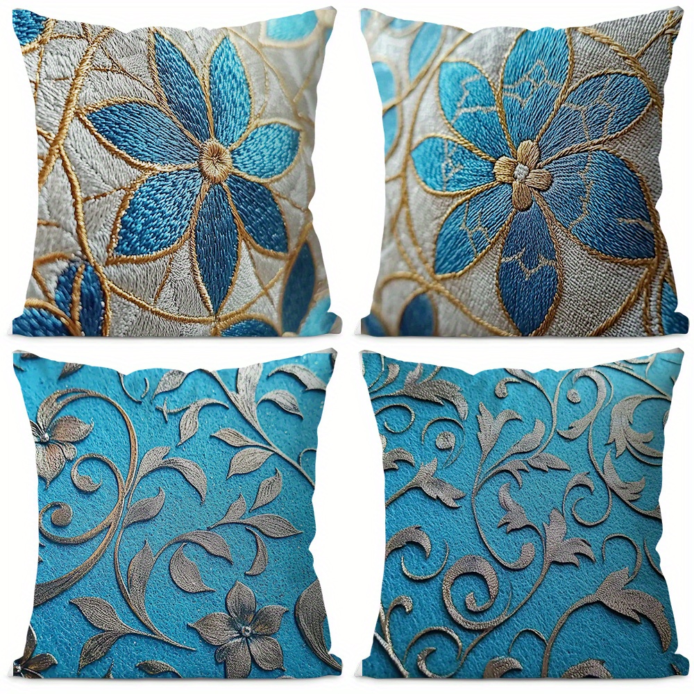 

Ensemble de 4 housses de coussin brodées contemporaines, design floral et bleu et blanc, polyester de qualité, fermeture à glissière, lavable en machine, 18x18 pouces - Décoration pour et ( insert)