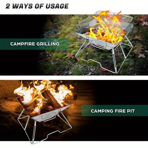portable folding campfire grill 304 stainless steel grate barbeque grill with legs compact outdoor camping grill for picnics backpacking and hiking carrying bag and kitchen tongs grilling accessories for outdoor grill