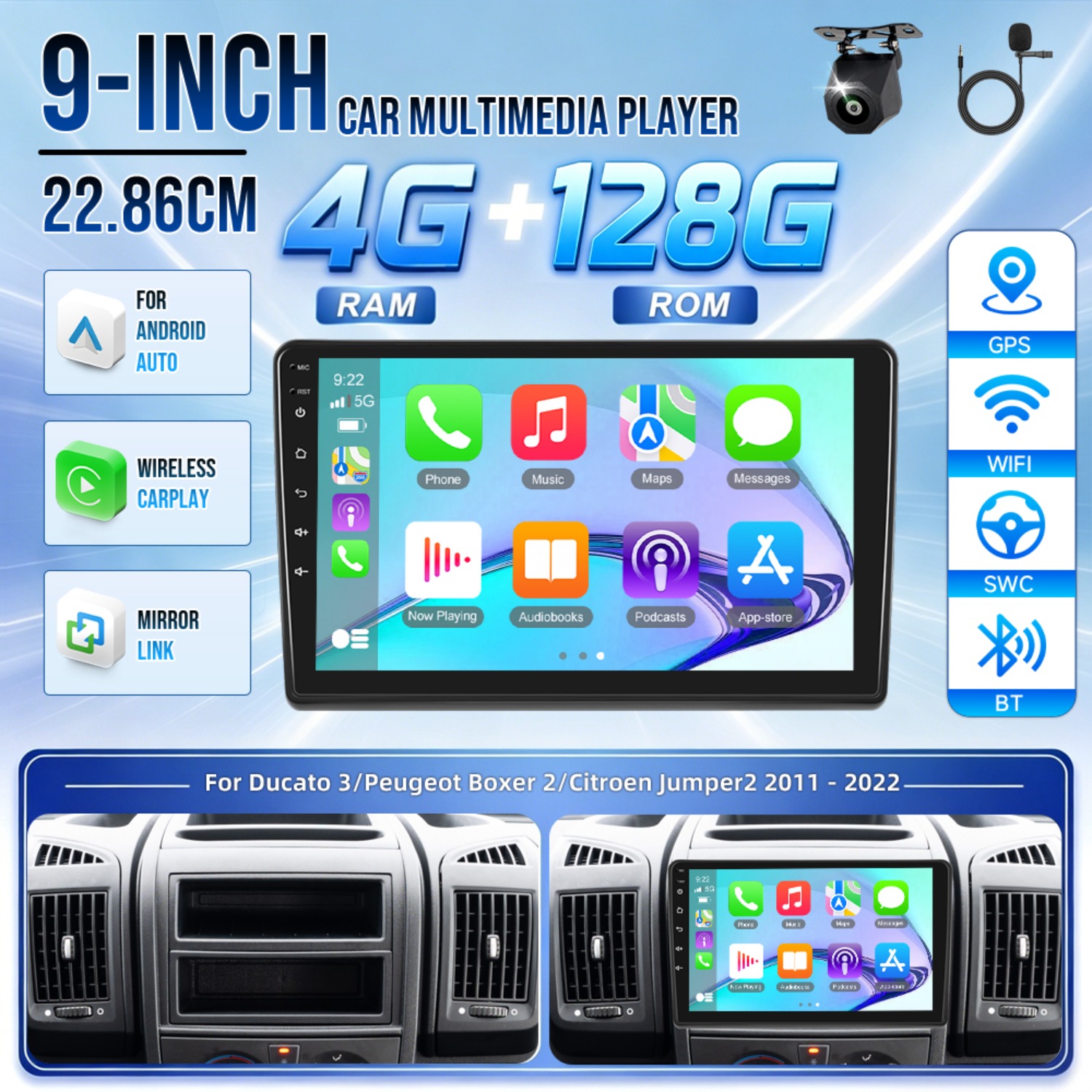 Image of [for Ducato 3/ 2/ Jumper2 2011 - 2022] 15 4gb 128gb Rom Car Stereo, 9 Inch Car Radio With Touchscreen Support / Auto//wifi/fm/wireless/usb/swc/backup Camera And Mic (included)