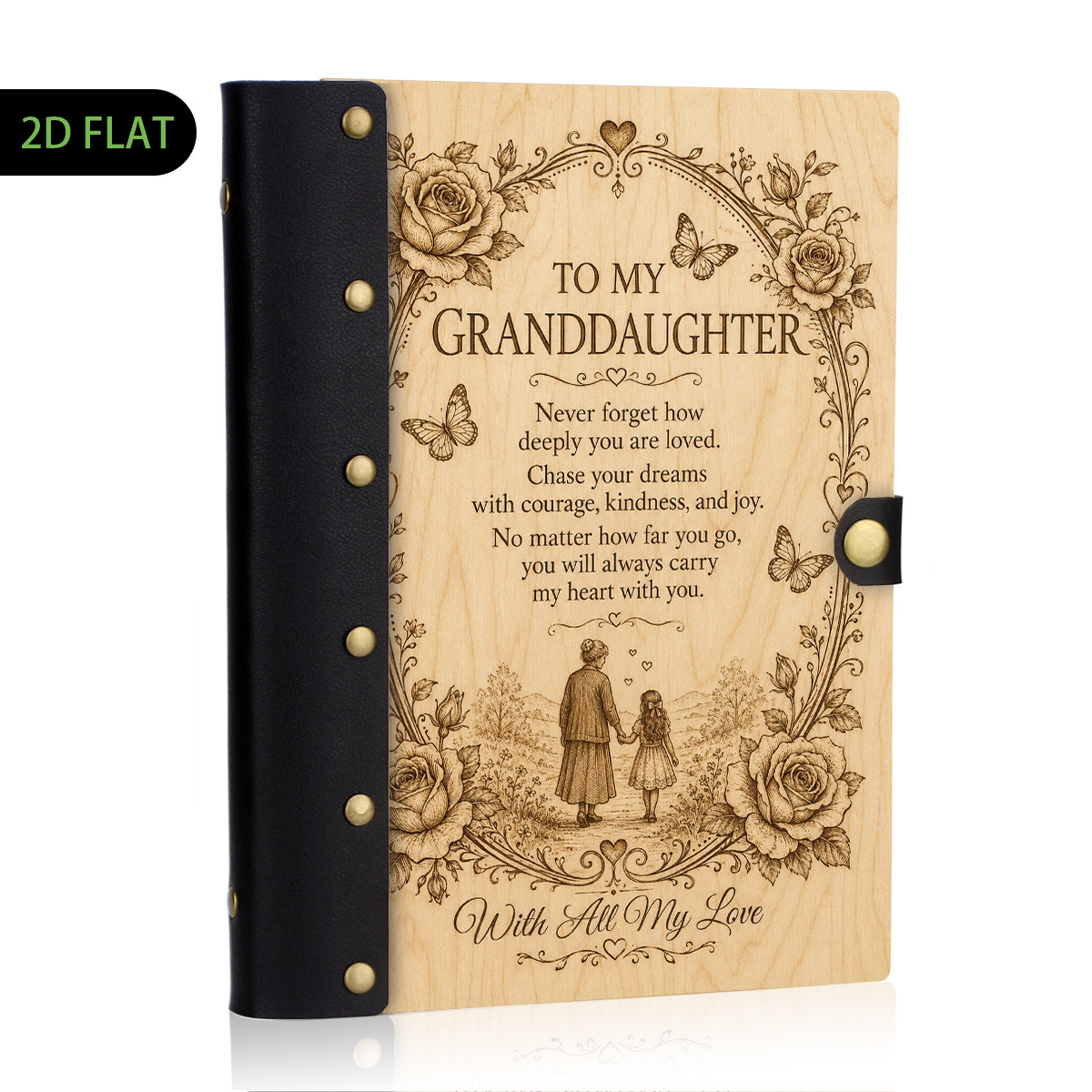 TEMU 1pc Leather And Wooden Hardcover Notebook Design, 2d Flat Rustic Wood Grain Rose Wreath Granddaughter Love Quote With Floral Line Art, Vintage