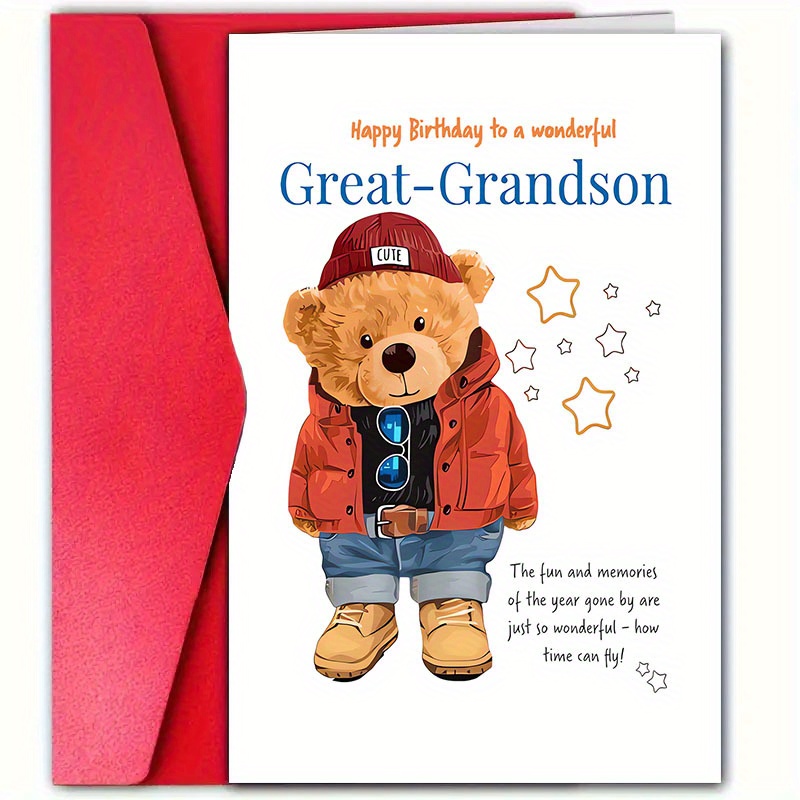 TEMU 1 carte d'anniversaire touchante pour petit-fils, avec enveloppe, design d'ours en peluche, convient comme cadeau d'anniversaire pour tous les