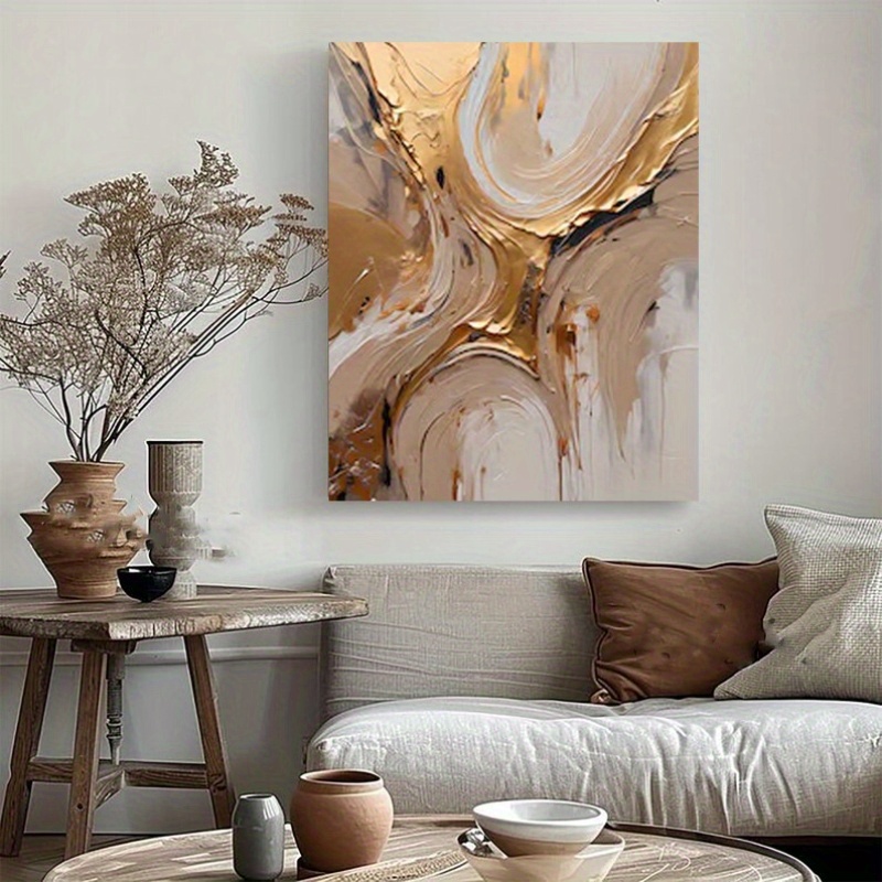 Hand-Painted Modern Abstract Oil Painting - Gray & Golden Texture Brushwork Nordic Wall Art with Wooden Frame, Textured Mural for Living Room, - Neutral Scandinavian Paintings for Home Decoration
