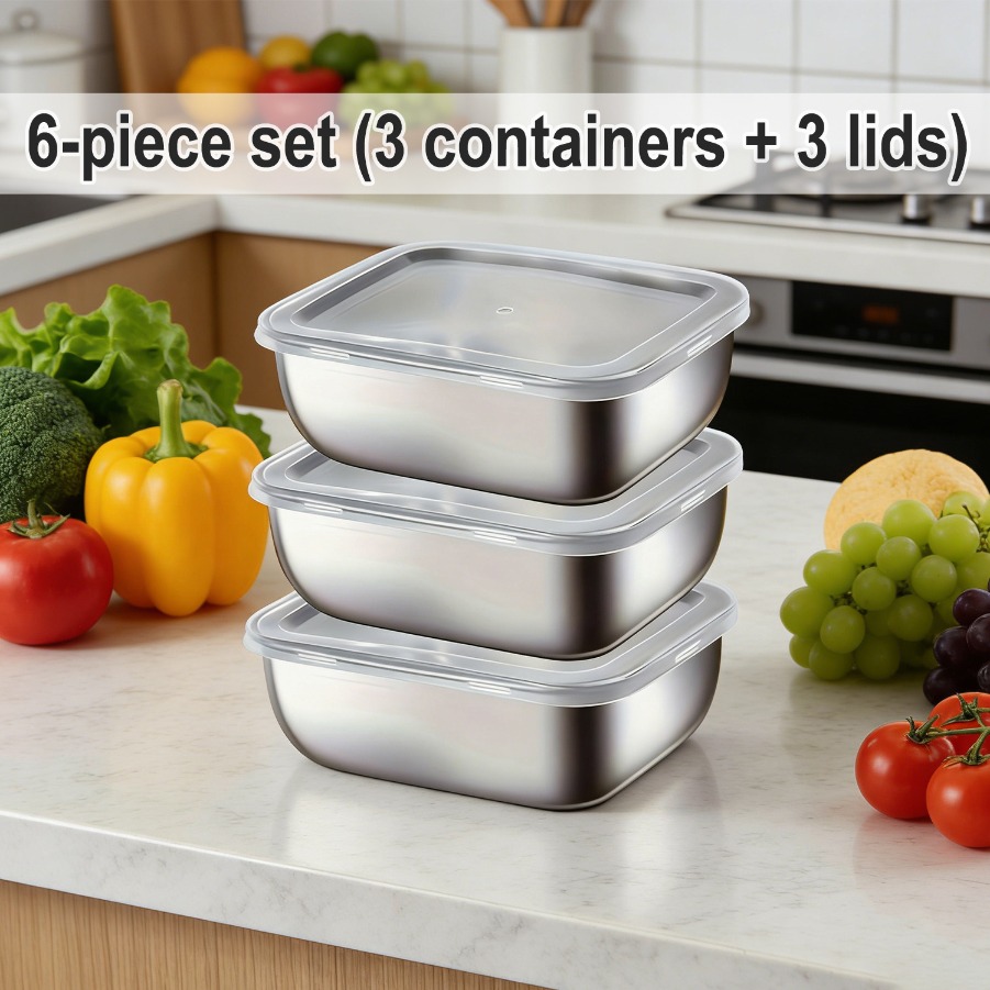 TEMU 6pcs (3 Containers And 3 Lids) Food-grade Square Stainless Steel Food Storage Containers With Sealed Clear Lids, Stackable Reusable Meal Prep