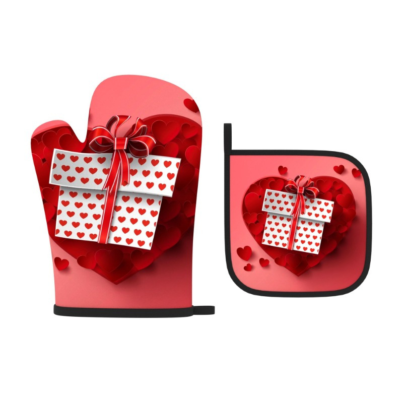 2pcs valentine s day themed oven mitts & pot holders - heat-resistant, 26.92x17.02 cm,   with heart accents,   cooking, baking & kitchen decor - ideal housewarming gift details 0