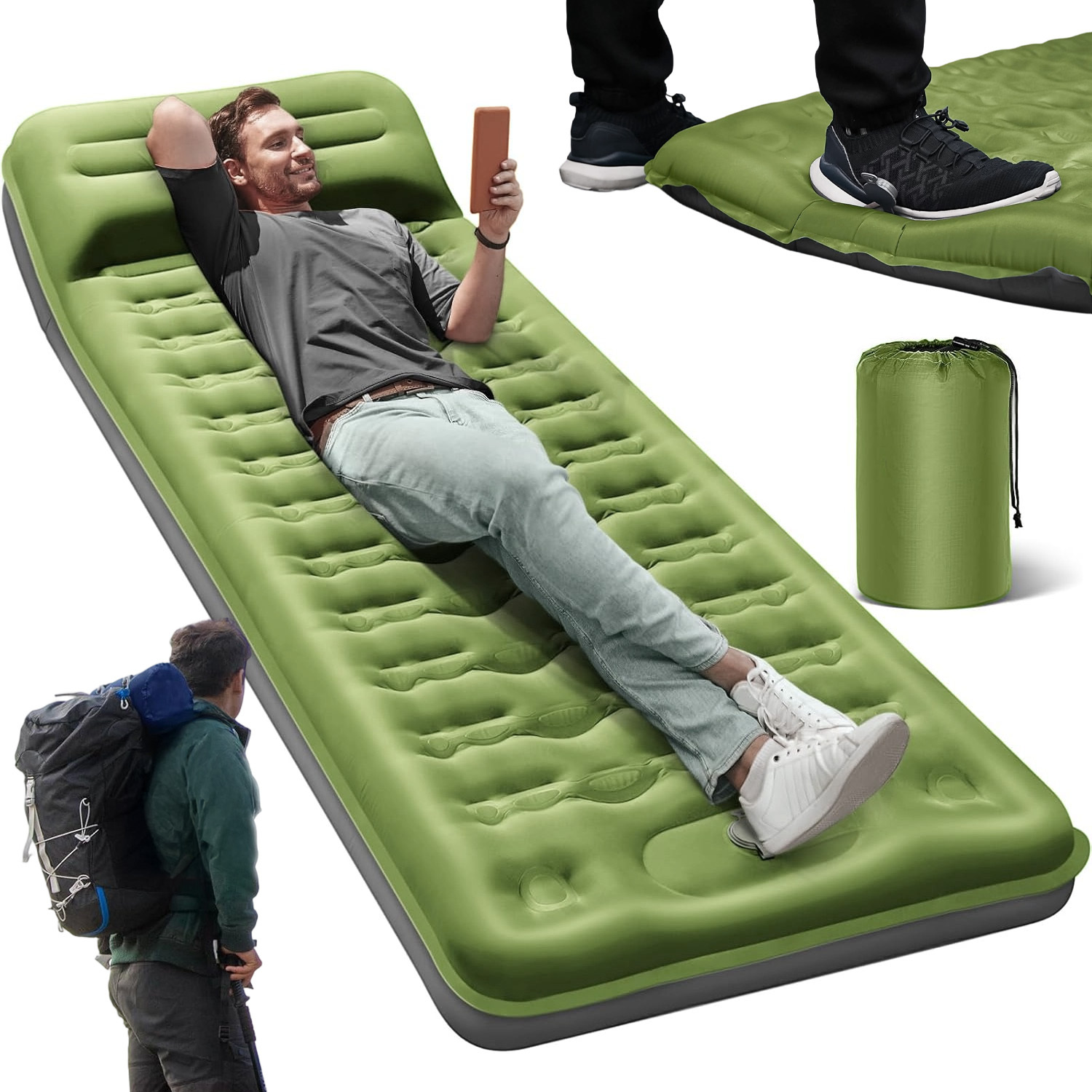 Image of Lightweight Solo Sleeping Mat For Outdoor Use, Green Inflatable Pad Featuring An Integrated Pillow And Foot Pump