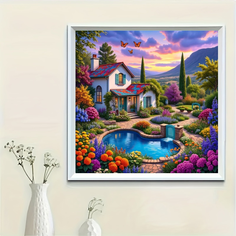TEMU 1pc Cottage Garden Cottagecore Stitch Kit With 14.17x14.17 Inch Large Full Hoop (no Frame) - Complete Diy Sewing With Fabric, Threads, Needles &