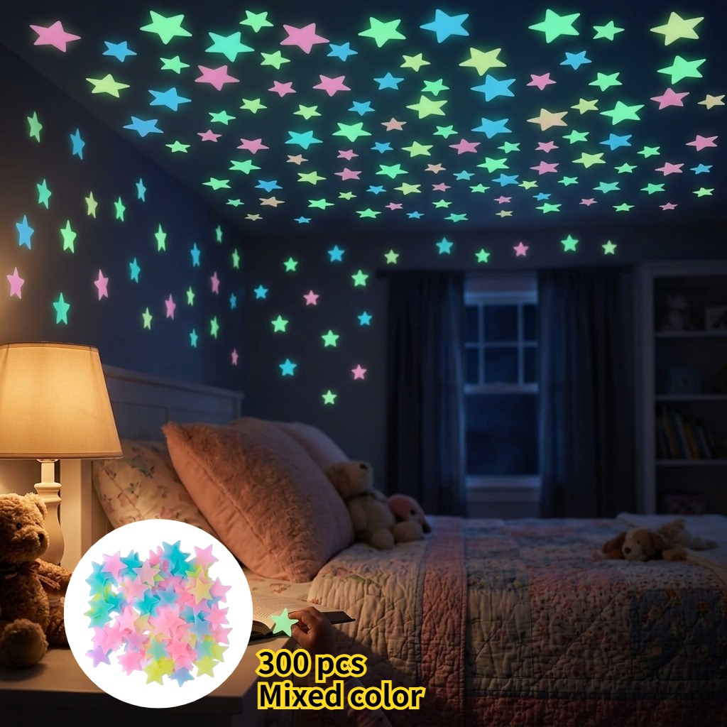 TEMU 300pcs -dark Star Wall Stickers - Mixed Colors | 1.18-inch Reusable Fluorescent Self-adhesive Flowers, Soft-colored Plastic Stars, Sky